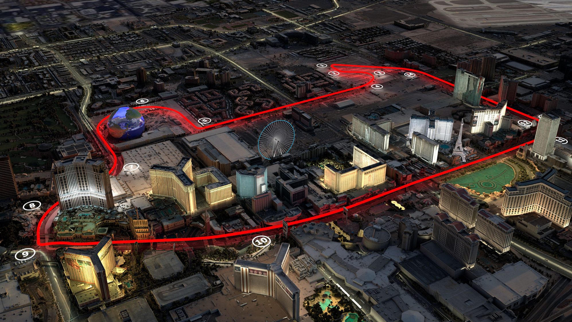 Grafický návrh tratě v Las Vegas pohledem z ptačí perspektivy